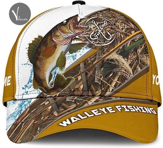 Personalized Walleye Fishing Baseball Cap, Custom Adjustable 3D Printed Walleye Fishing Baseball Cap Snapback, Gifts for Fishing Lover