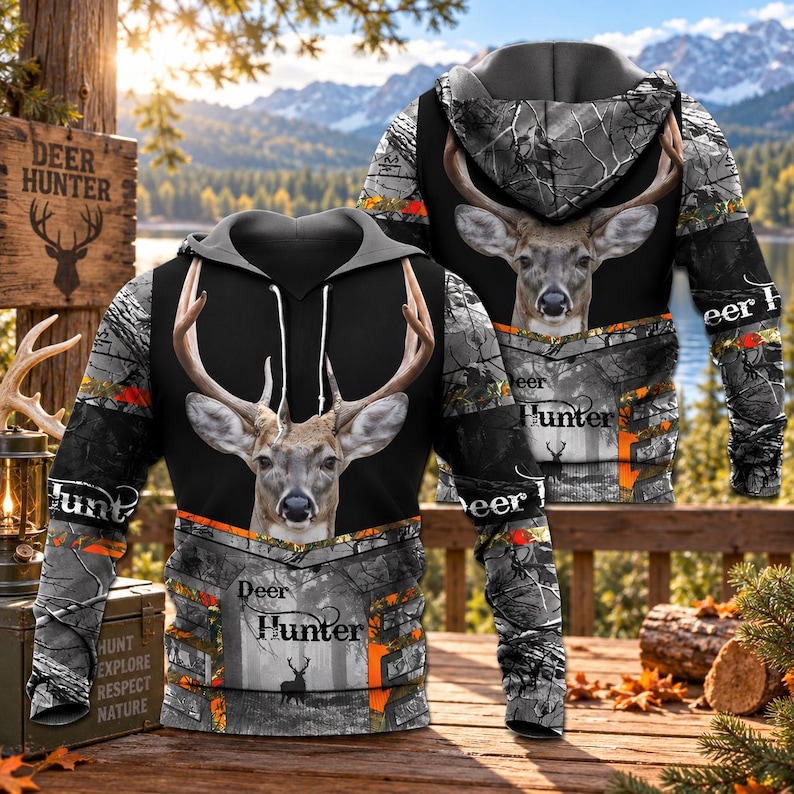 May include: A long-sleeve hooded sweatshirt featuring a realistic deer head graphic on the front and back. The design incorporates a black center panel, grey camouflage patterns, and orange accents. The text "Deer Hunter" is printed on the garment.