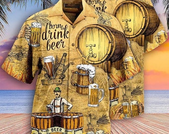 Grappig Oktoberfest Hawaiiaans shirt, geboren om bier te drinken button-down shirt, shirt bierfestival, Duits Oktoberfest, bierdrinkfeest cadeau