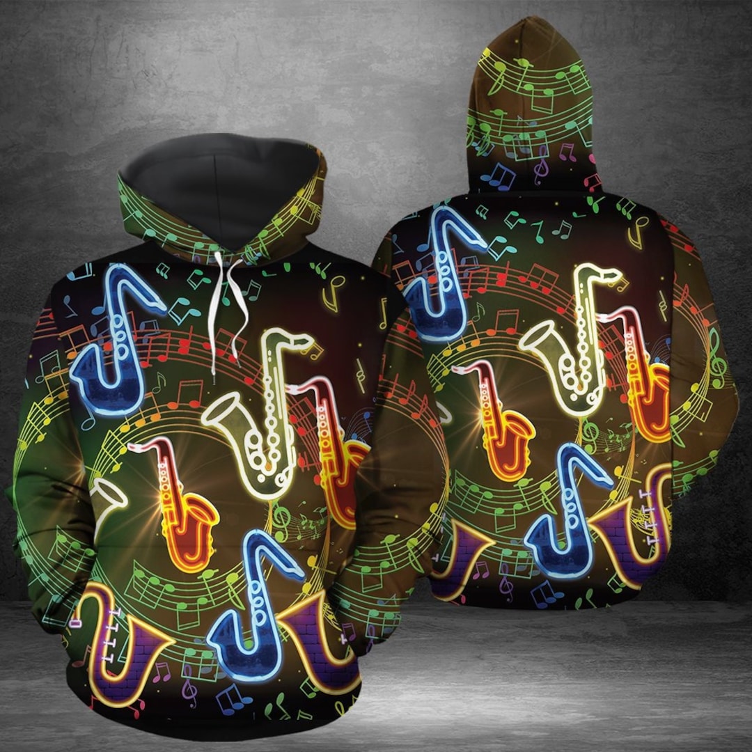 Unisex Saxophone Neon Light Sweatshirt Hoodie, Saxophone Hoodie, Music