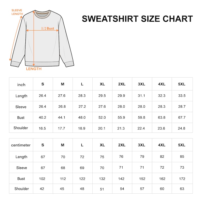 May include: A sweatshirt size chart featuring a line drawing of a crewneck sweatshirt with labels for sleeve length, 1/2 bust, and length. Two tables provide measurements in inches and centimeters for sizes S through 5XL, covering length, sleeve, bust, and shoulder.
