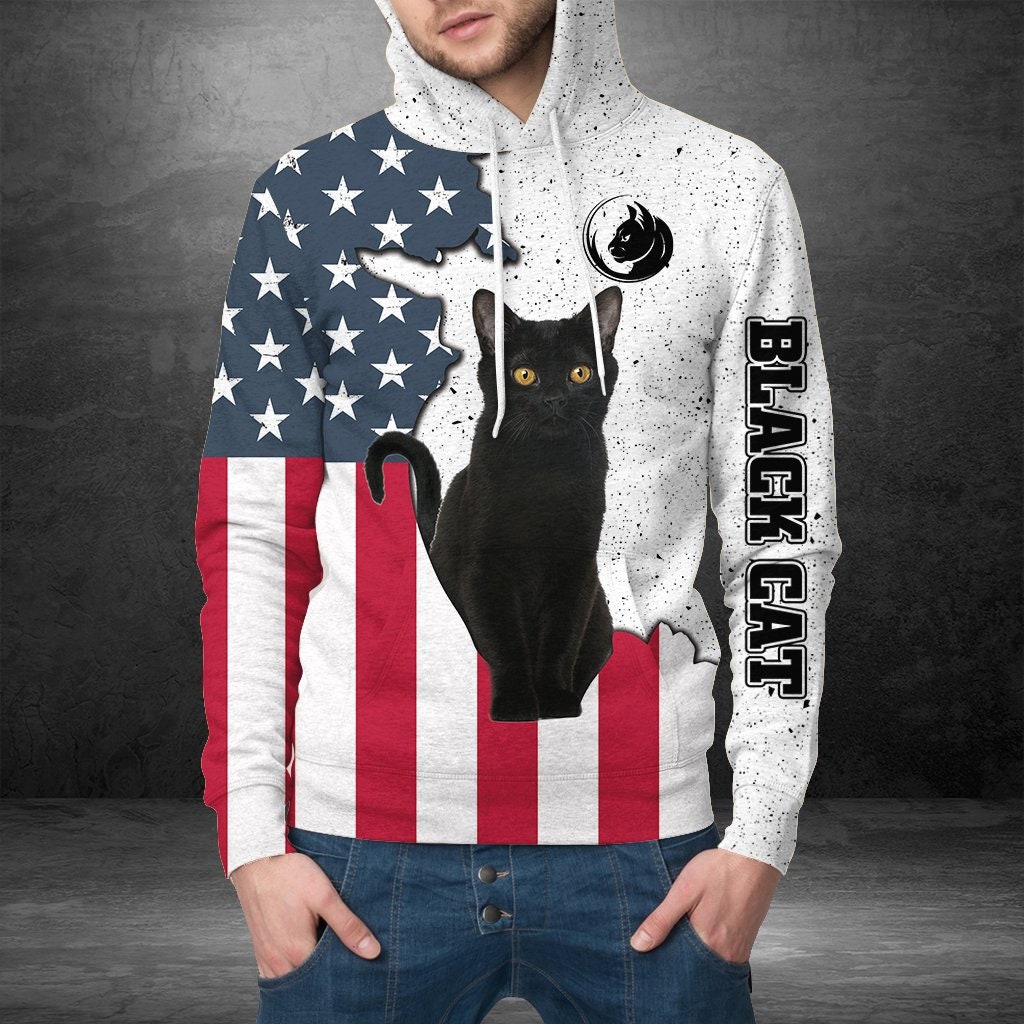 Unisex Black Cat US Flag Hoodie, Black Cat Hoodie, American Flag Hoodie, American Flag Sweatshirt, Cat Gift