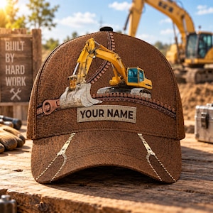 May include: A brown baseball cap with a textured leather-like appearance featuring a yellow excavator graphic, a horizontal zipper design, and a rectangular patch with the text YOUR NAME. The cap also includes two diagonal zipper accents on the brim.