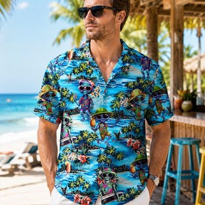 Alien Hawaiian Shirt, Tropical UFO Aloha Shirt, Funny Space Beach Button Up, Vacation Shirt, Gift for Alien and Sci Fi Fans