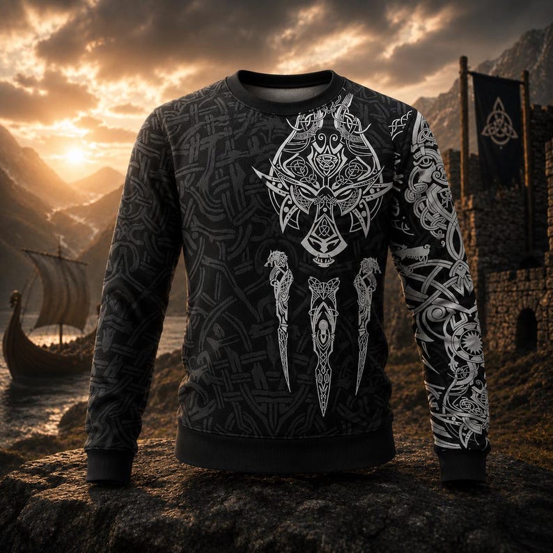 May include: A black long-sleeve sweatshirt featuring a white intricate knotwork pattern across the entire garment. The front displays a large stylized wolf head design centered on the chest, with three vertical spear-like motifs positioned below it.