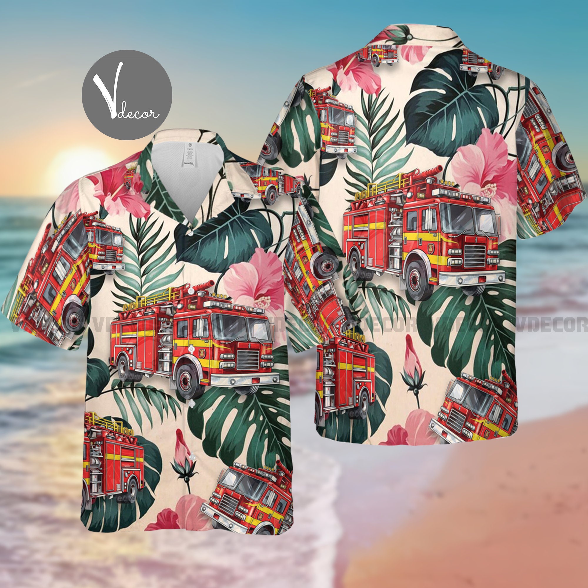 Fire Truck Tropical Hawaiian Shirt, Fire Engine Summer Shirt, 3D Aloha Shirt, Fire Truck Lovers, Fire Vehicle Hawaii Shirt, Gift for Fighter