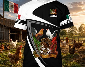 メキシコの雄鶏をモチーフにしたオリジナルシャツ、カスタムメキシカンチキンTシャツ、農場の雄鶏Tシャツ、鶏好きや牧場主へのメキシコ国旗ギフト