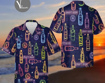 Nieuw! Neon bierpatroon Hawaiiaans shirt, bierliefhebbers Hawaii-shirt, zomer Aloha-shirt voor mannen en vrouwen, shirt voor bierliefhebbers, bierdagcadeau