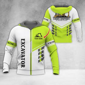 Op de afbeelding: Witte en limoengroene hoodie met ritssluiting en een graafmachine-ontwerp. De voorkant heeft het woord "EXCAVATOR" verticaal en de tekst "YOUR NAME". De achterkant toont "YOUR COMPANY SLOGAN HERE" en een graafmachine-afbeelding.