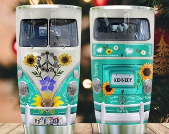 Personalized Hippie Van Sunflower Tumbler, Hippie Van Camping Tumblers, Camping Lovers Cup Coffee Mug, Hippie Gift For Camper, Camping Lover
