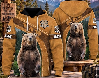 Personalized Bear Hunting Hoodie, Custom Name Grizzly Bear Sweatshirt, Wildlife Hunter Shirt, Outdoor Hunting Gift for Men