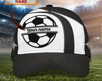 Personalisierte Fußballmütze mit Namen, Schwarz Weiß Fußballmütze für Männer, Jungen, Trainer, Spieler, personalisiertes Sport Geschenk für Fußballliebhaber