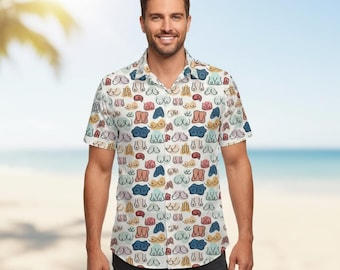 Amusant motif hawaïen boutonné, tenues de plage fantaisie, tenue de vacances d'été, haut de fête décontracté, vêtements tropicaux pour hommes