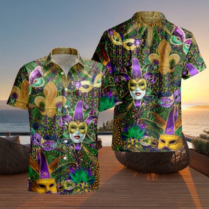 Men's Mardi Gras Button-Down Shirt - Short Sleeve Hawaiian Party Top With Mask Print, Festive Collared Tee