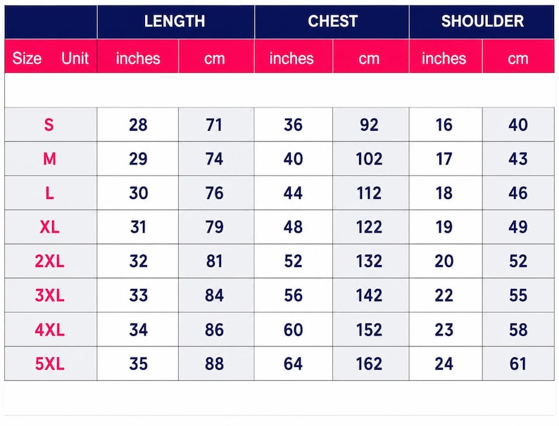 Puede incluir: Una tabla de tallas con encabezados azul oscuro etiquetados como Length, Chest y Shoulder. Las filas enumeran tallas desde S hasta 5XL con medidas correspondientes en pulgadas y cm. La tabla proporciona datos num&eacute;ricos espec&iacute;ficos.