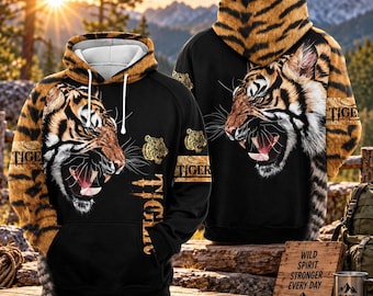 Tiger Hoodie 3D Animal Print Pullover, Roaring Tiger Sweatshirt, Wildlife Lover Gift, Big Cat Hoodie, Tiger Graphic Shirt for Men