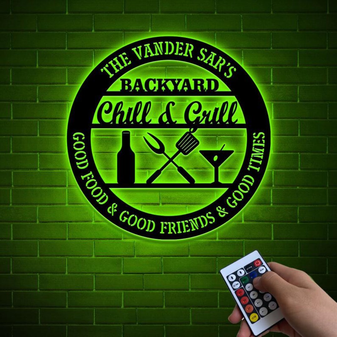 Custom LED Bar Grill Metal Sign, Personalized Backyard Chill & Grill ...
