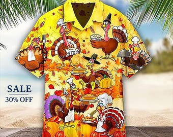 Chef Turkey Men&#39;s Hawaii Shirt, Funny Hawaii Shirt, Hawaii Shirt, 3D Hawaiian Aloha Shirt, Hawaii Shirt for Men and Women, Thanksgiving Gift