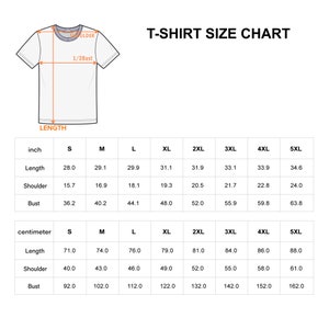 May include: A T-shirt size chart featuring a line drawing of a T-shirt with labels for shoulder, 1/2 bust, and length. Two tables provide measurements in inches and centimeters for sizes S through 5XL, detailing length, shoulder, and bust dimensions.