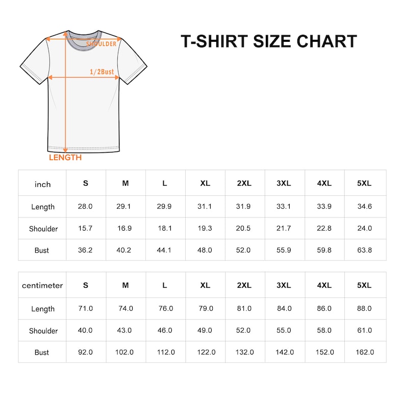 May include: A T-shirt size chart featuring a line drawing of a T-shirt with labels for shoulder, 1/2 bust, and length. Two tables provide measurements in inches and centimeters for sizes S through 5XL, detailing length, shoulder, and bust dimensions.