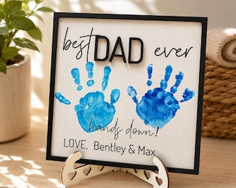 Best Dad Ever Handprint Sign Personalized Father’s Day Gift Custom Kids Handprint Plaque Rustic Dad Keepsake Decor