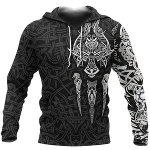 May include: A black long-sleeve hooded sweatshirt featuring a white intricate graphic print of a wolf head and stylized knotwork patterns across the front and sleeves. The garment includes a hood with white drawstrings and a repeating woven design.