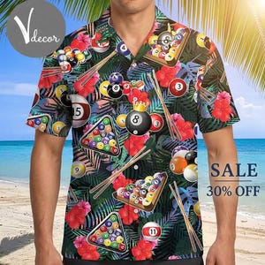 Billard thematisches Hawaiihemd für Männer - Tropisches Billard mit Bällen und Queues Aloha Shirt, lustiges Sommergeschenk für Billardspieler und -teams