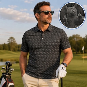 Rolig katt golfpikétröja, otrevlig katt långfingermönster, svart kattskjorta för män, kattälskarepresent, rolig golfgåva, golfoutfit