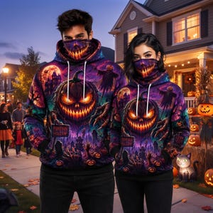 Può includere: Due felpe con cappuccio abbinate caratterizzate da una vivace stampa a tema Halloween con zucche luminose, un cimitero spettrale e una casa stregata. Ogni felpa include una mascherina integrata con un sorriso dentato e lacci bianchi.