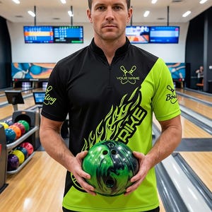 Camiseta personalizada con diseño de bola de bolos en llamas, camiseta de equipo con nombre personalizado, uniforme de poliéster y spandex.