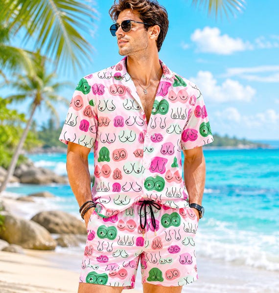 Funny Ladies Chest Hawaiian Shirt for Men, 3D All Over Print Button Up Beach Shirt, Novelty Summer Vacation Outfit