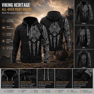 May include: A black hoodie featuring an all-over white Viking-inspired graphic print. The garment includes a drawstring hood, long sleeves with ribbed cuffs, and a kangaroo pocket. The design displays intricate knotwork and stylized imagery.