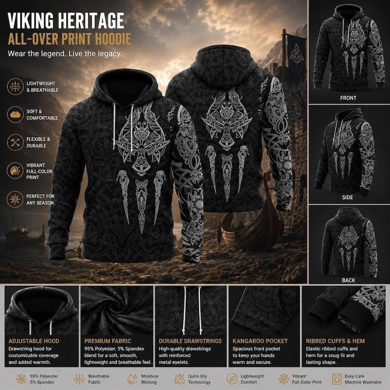 May include: A black hoodie featuring an all-over white Viking-inspired graphic print. The garment includes a drawstring hood, long sleeves with ribbed cuffs, and a kangaroo pocket. The design displays intricate knotwork and stylized imagery.