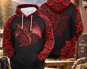 Red Dragon Mandala Hoodie, Fantasy Dragon Graphic Sweatshirt, Gothic All Over Print Hoodie, Viking Style Gift for Dragon Lovers