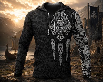 Viking Warrior Hoodie, Norse Skull Sweatshirt, Celtic Knot Pullover, Nordic Mythology Shirt, Viking Gift for Men, Pagan Apparel
