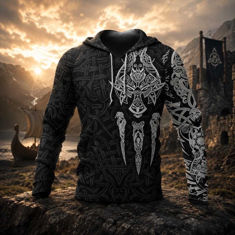 May include: A black hooded sweatshirt featuring a white intricate wolf head graphic on the chest and detailed knotwork patterns covering the sleeves and torso. The garment includes a hood with white drawstrings and long sleeves with cuffs.