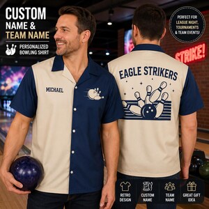 May include: A two-toned bowling shirt featuring a beige front panel with the name MICHAEL and a navy blue panel with a bowling ball graphic. The back displays the text EAGLE STRIKERS above a graphic of a bowling ball hitting pins.
