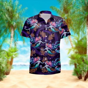 Mermaid Print Hawaiian Shirt , Sparkling Fantasy Sea Siren Summer