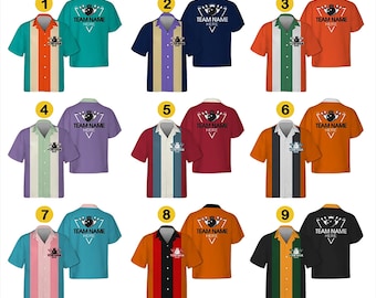 May include: Nine bowling shirts in various color combinations, including teal, orange, and purple. Each shirt has a contrasting vertical stripe and a bowling-themed graphic. The shirts also feature the text "TEAM NAME HERE".