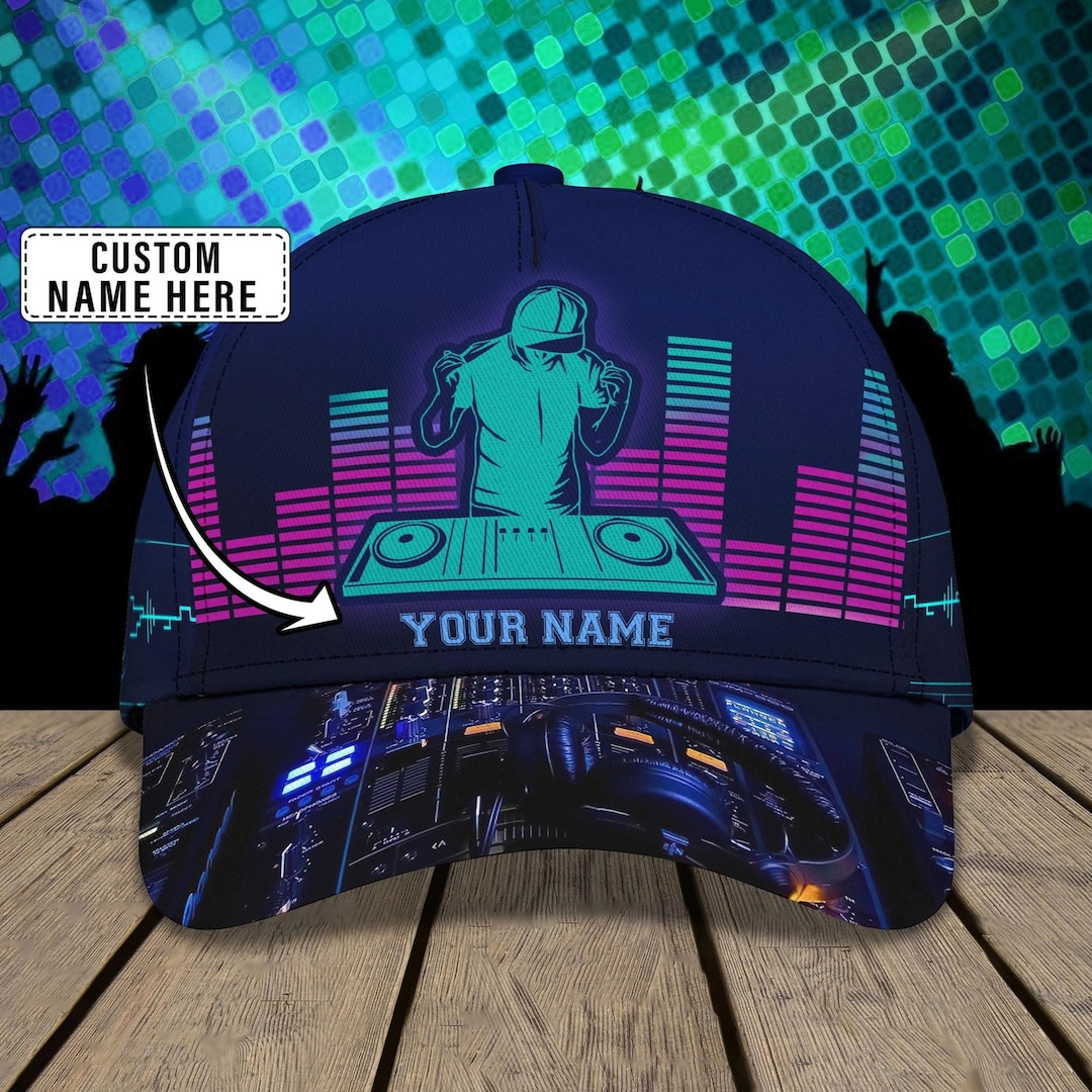 Custom DJ Cap – Personalized Name Neon Music Hat With Turntable Graphic ...