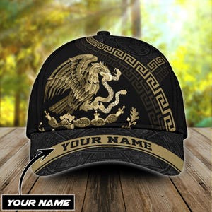 Gorra de béisbol dorada de México personalizada, ajustable, con impresión 3D, estilo snapback, ideal para amantes de México.