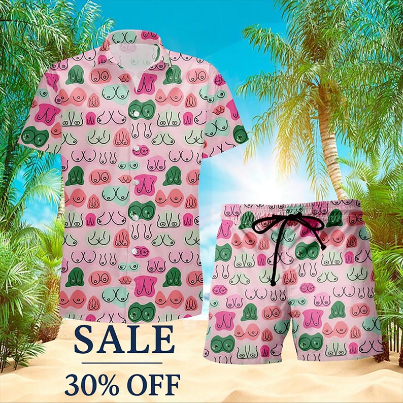 May include: Pink button-down shirt and matching shorts set with a repeating pattern of stylized breasts in various colors. The set is displayed on a beach background with palm trees. The text "SALE 30% OFF" is visible.
