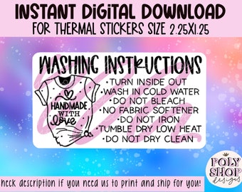 Washing Tshirt Care Instructions Handmade with Love PNG Download | Packaging Stickers Small Business| Thermal Sticker Rollo/Munbyn Printer