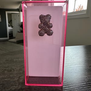 May include: A pink acrylic box with a clear front panel. Inside the box is a small, sparkly, purple teddy bear.