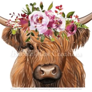 Floral cow png, Shaggy cow, floral, water color floral cow, downloadable.