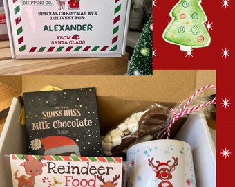 Personalized Hot cocoa mug, reindeer food , kids Christmas mug,  personalized Christmas box .