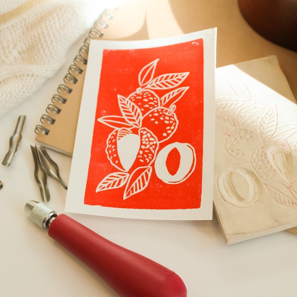 Lychee Linocut Print, Fruit Print, Handmade Lino Print, Mini Print, Red Linocut