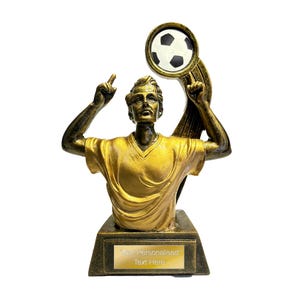 Gold Resin Football Trophy 145mm with Engraving Plate – Antique Gold Finish | Personalised Custom Award for Player of the Match, Top Scorer.