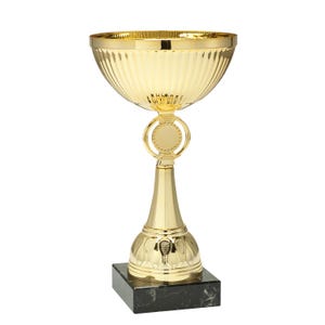 May include: A gold trophy with a fluted bowl, decorative stem, and a black marble base. The trophy has a circular emblem and a tennis racket design. Suitable for sports awards and recognition.
