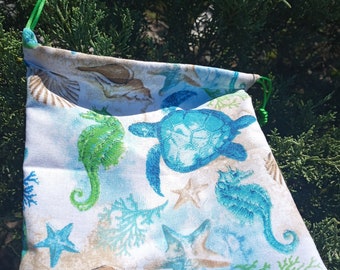 Bolsa con cordón de la vida marina: conchas marinas, cristales, cartas del tarot.